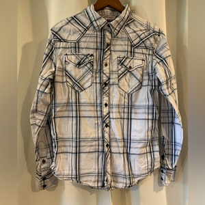 Distortion Black White Plaid Button Up Shirt Collared‎ Men's Medium EUC